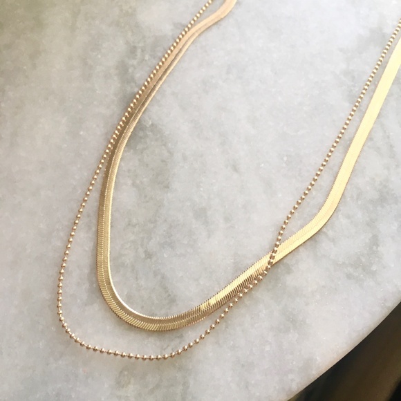 Flat Snake Chain Herringbone Layered Gold Necklace - Picture 3 of 8